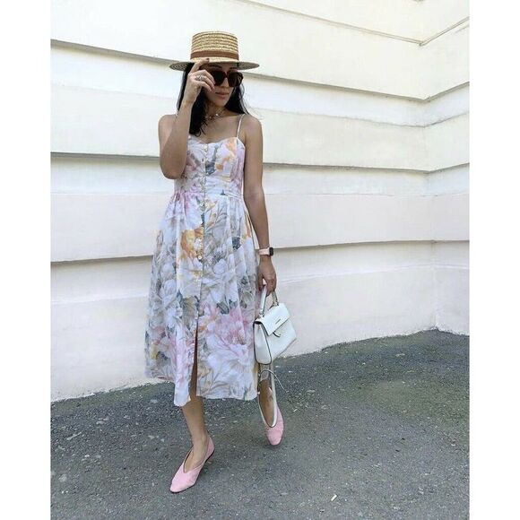 H&M Floral Print Linen Blend Button Dress Midi New - Picture 1 of 8